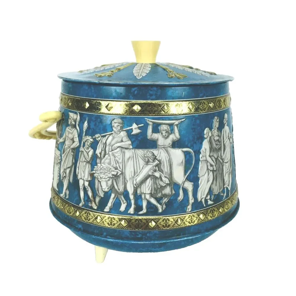 Vintage Greek Embossed Wedding Scene Footed Round Tin Sewing Trinket Box